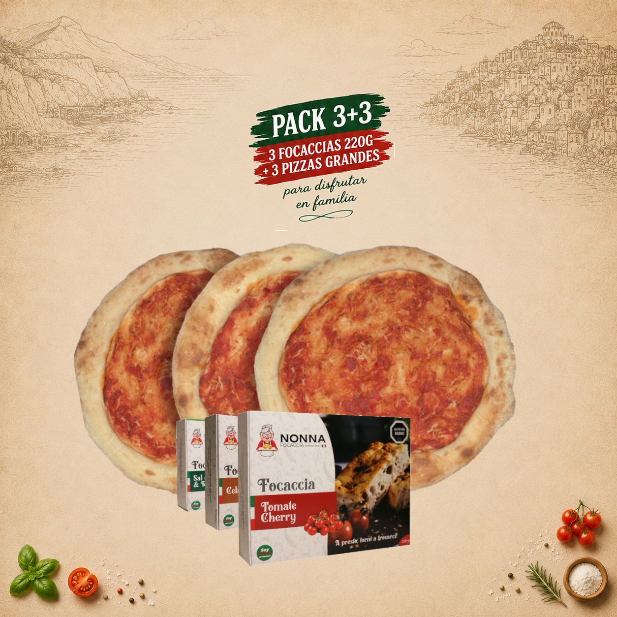 Pack 3 Focaccias ( 220gr Aprox ) + 3 Pizzas Grandes ( 360 gr Aprox)