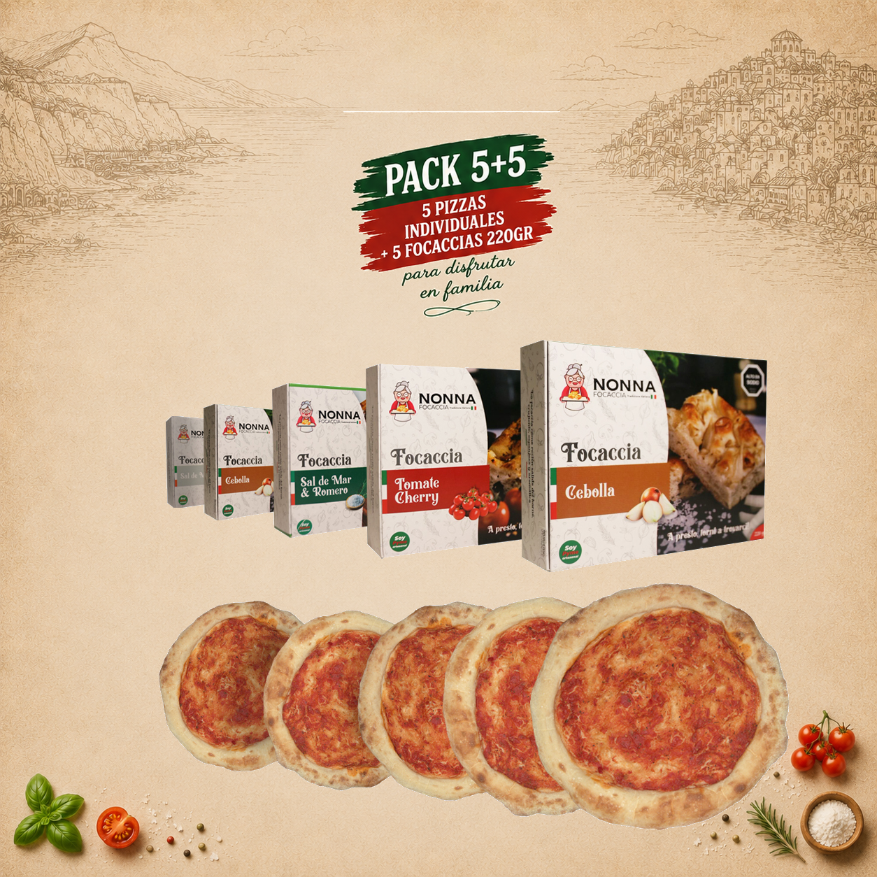 Pack 5 Pizzas Individuales + 5 Focaccias Pequeñas ( 220gr Aprox )